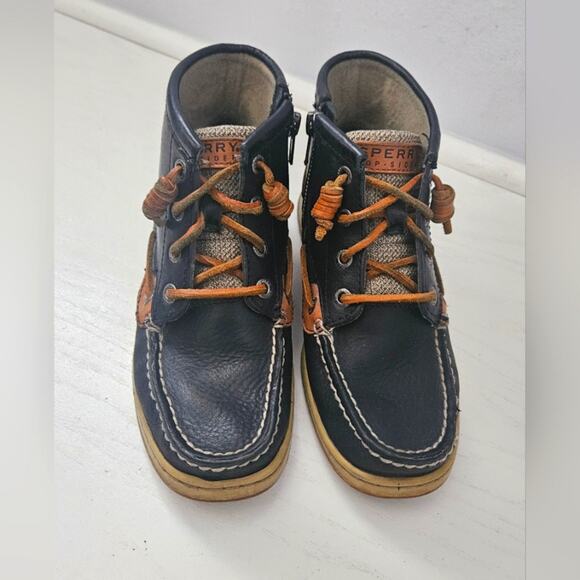 Sperry Top-Sider‎ kids Lace Up Boots Shoes Size 5.5M Navy and Brown Leather - Picture 1 of 13